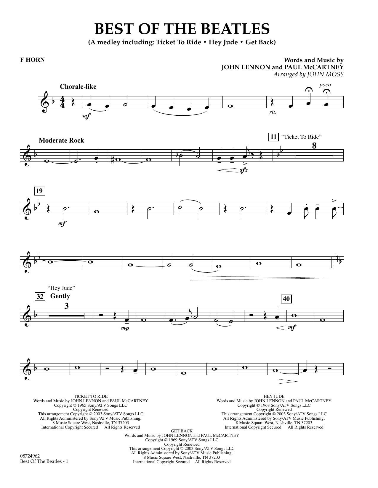 John Moss Best of the Beatles - F Horn sheet music notes and chords arranged for Concert Band