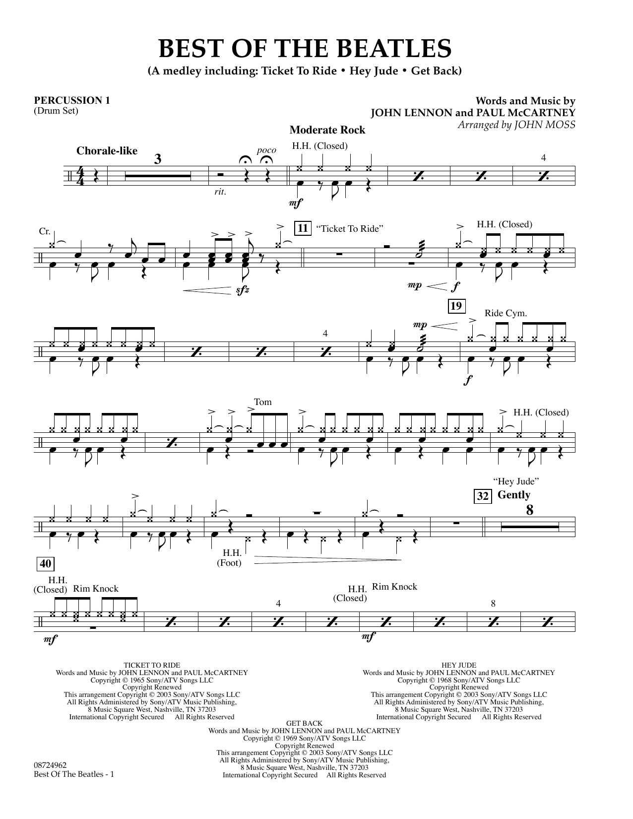 John Moss Best of the Beatles - Percussion 1 sheet music notes and chords arranged for Concert Band