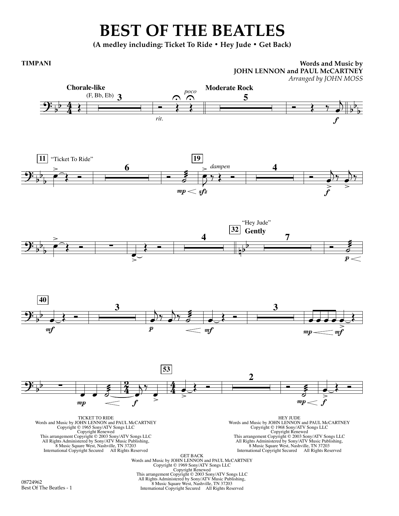 John Moss Best of the Beatles - Timpani sheet music notes and chords arranged for Concert Band