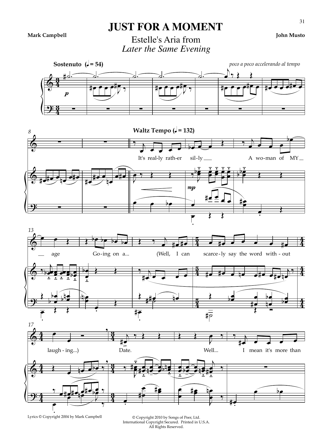 John Musto Just For A Moment sheet music notes and chords arranged for Piano & Vocal