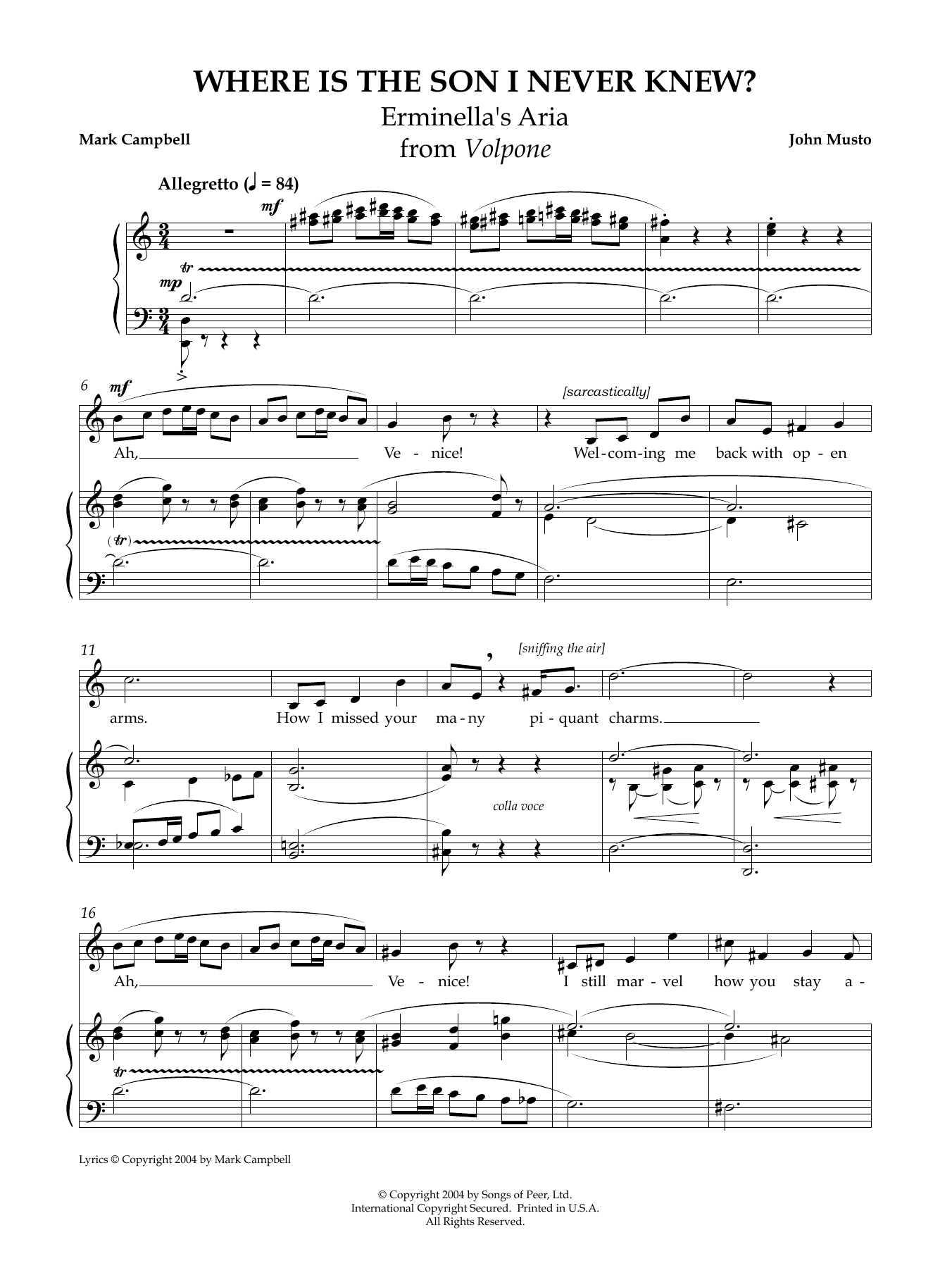 John Musto Where Is the Son I Never Knew? sheet music notes and chords arranged for Piano & Vocal