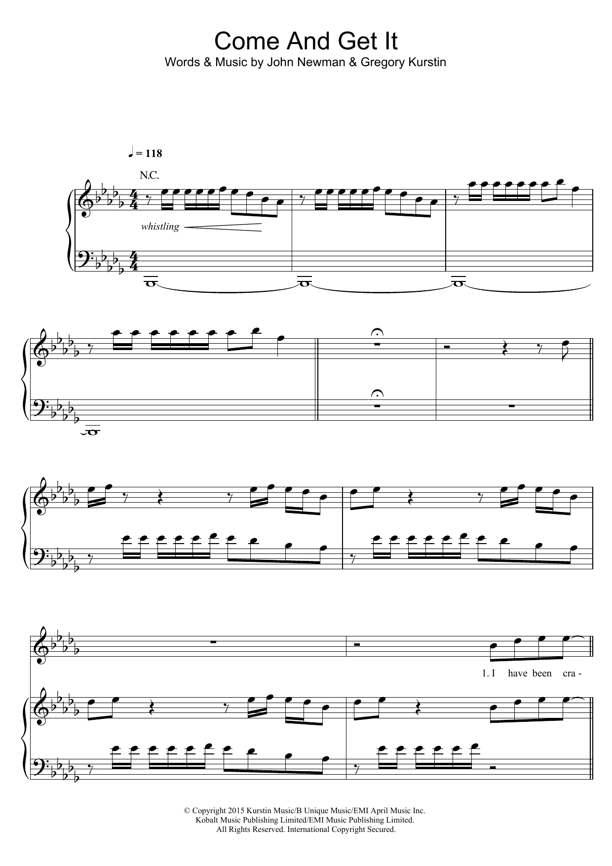 John Newman Come And Get It sheet music notes and chords arranged for Piano, Vocal & Guitar Chords