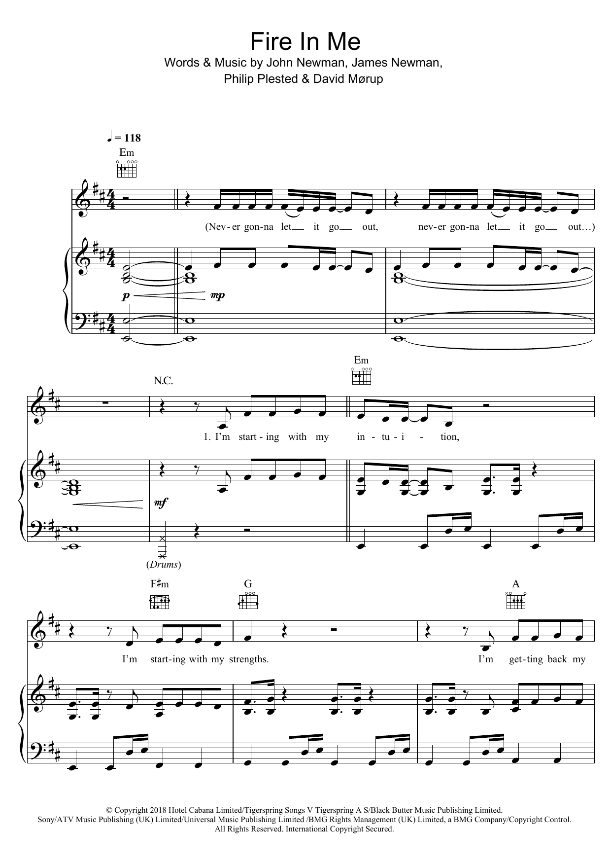 John Newman Fire In Me sheet music notes and chords arranged for Piano, Vocal & Guitar Chords
