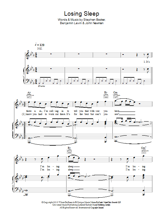 John Newman Losing Sleep sheet music notes and chords arranged for Piano, Vocal & Guitar Chords