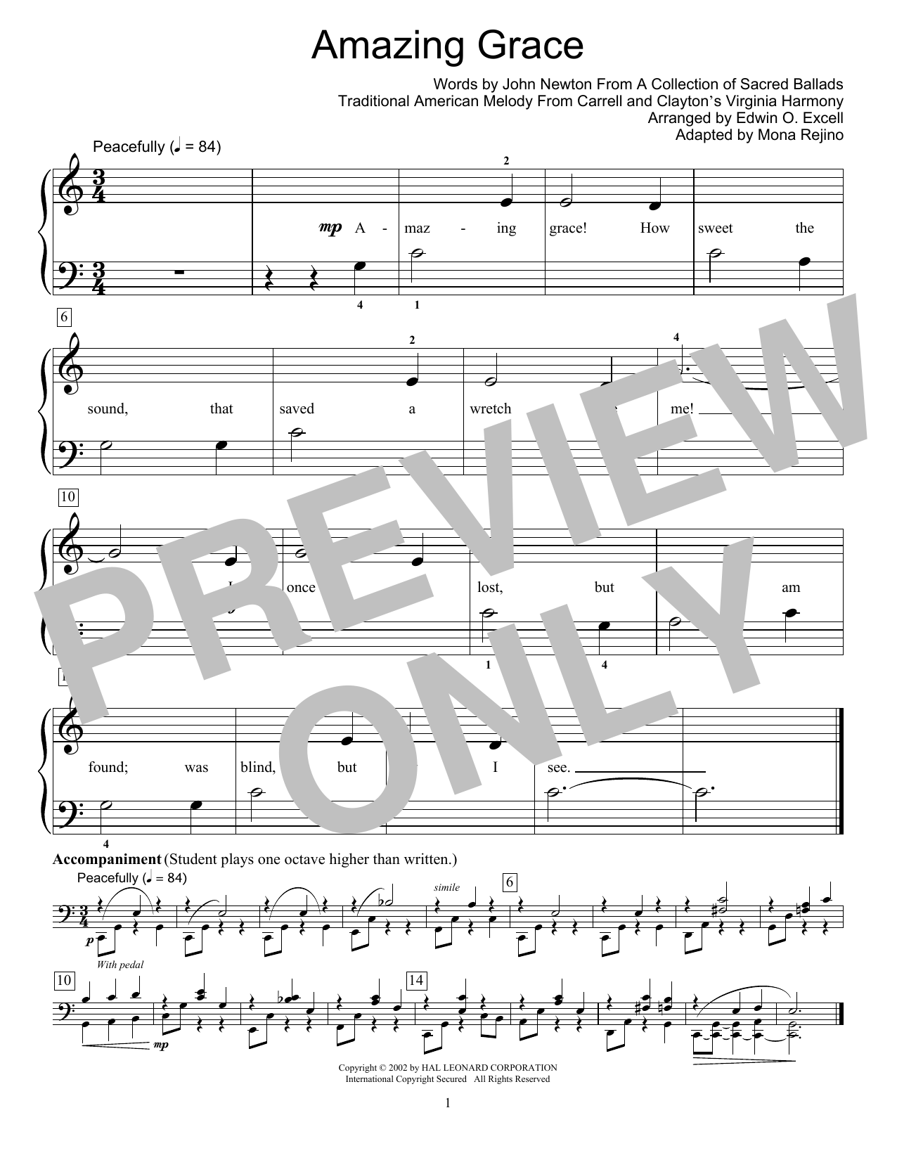 John Newton Amazing Grace (arr. Mona Rejino) sheet music notes and chords arranged for Educational Piano