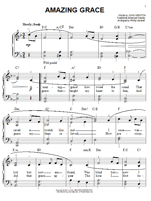 John Newton Amazing Grace (arr. Phillip Keveren) sheet music notes and chords arranged for Easy Piano