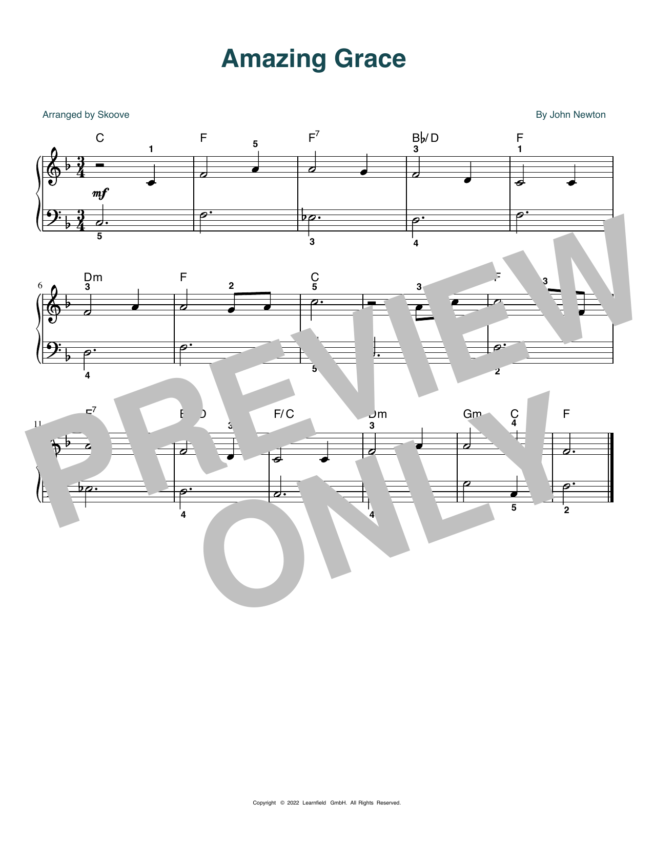 John Newton Amazing Grace (arr. Skoove) sheet music notes and chords arranged for Easy Piano