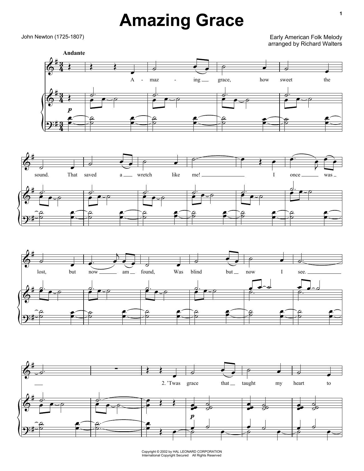 John Newton Amazing Grace sheet music notes and chords arranged for Easy Piano