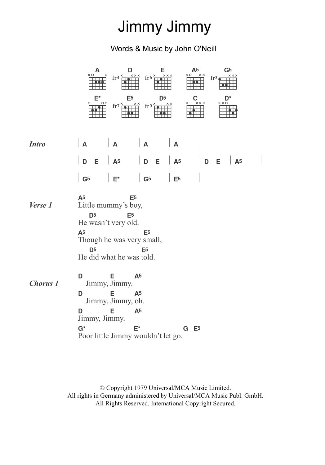 John O'Neill Jimmy Jimmy sheet music notes and chords arranged for Guitar Chords/Lyrics