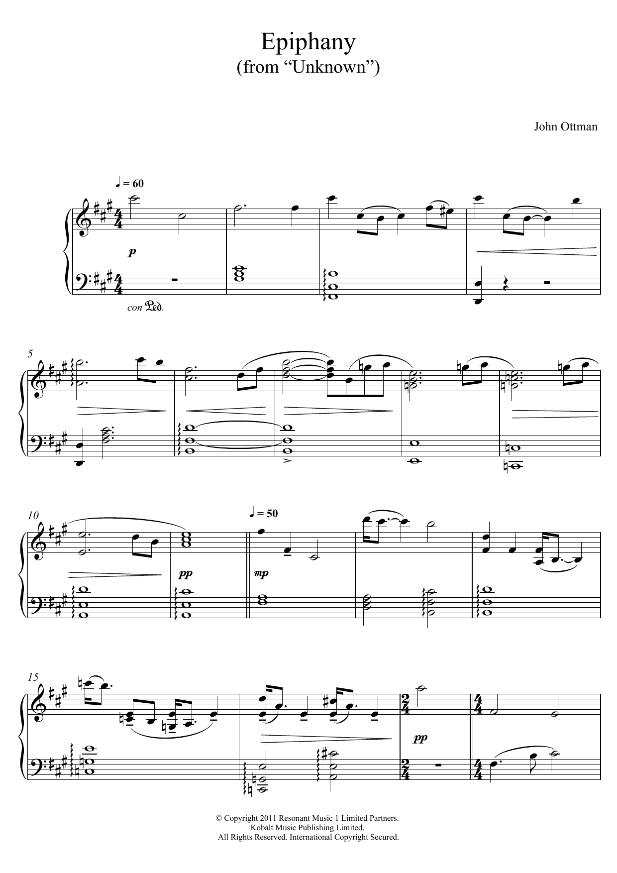 John Ottman Epiphany (From Unknown) sheet music notes and chords arranged for Piano Solo