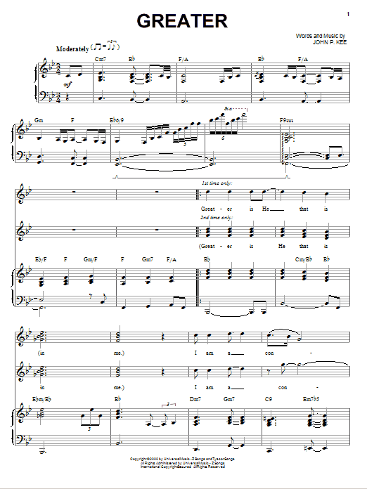 John P. Kee Greater sheet music notes and chords arranged for Piano, Vocal & Guitar Chords (Right-Hand Melody)