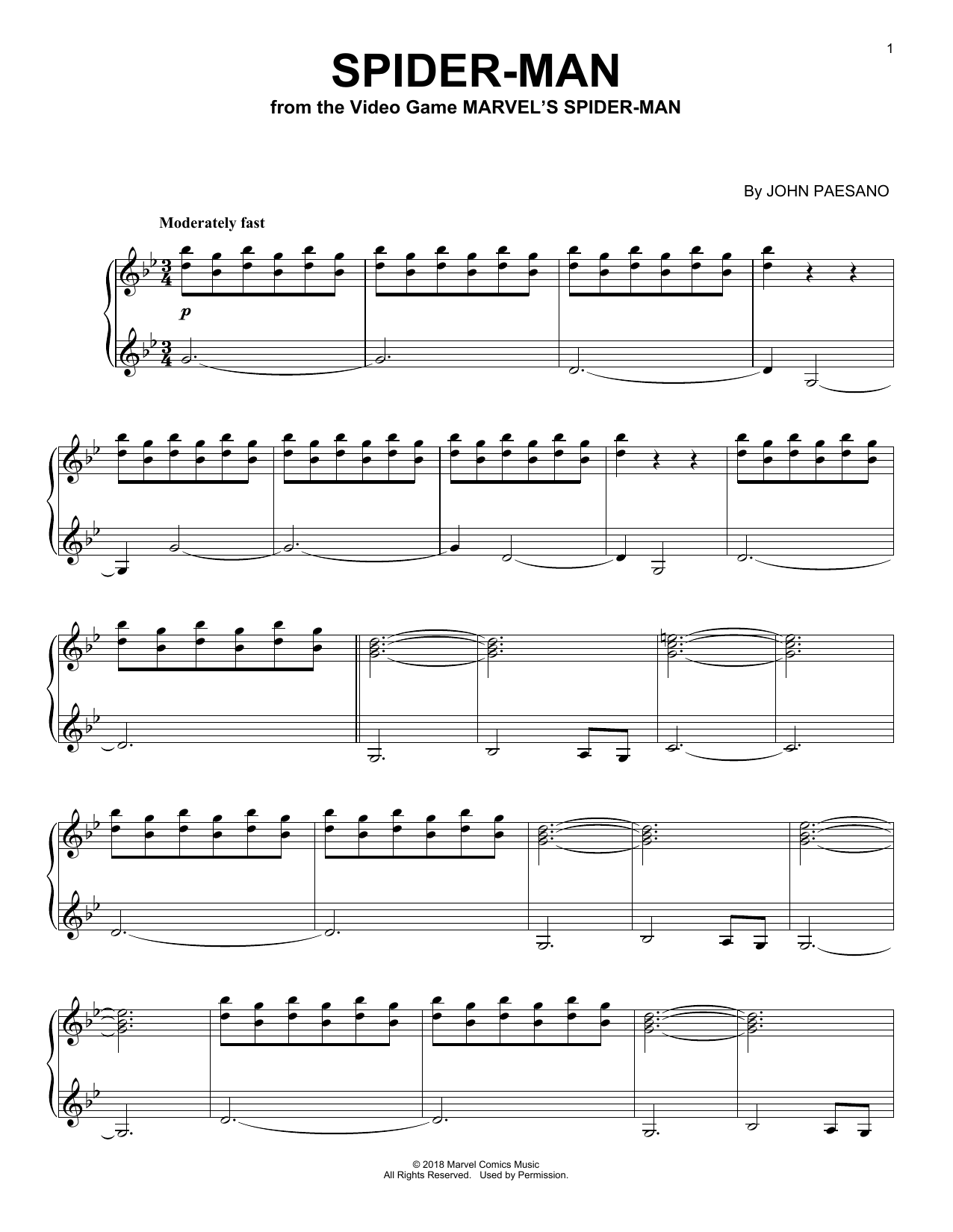 John Paesano Spider-Man sheet music notes and chords arranged for Piano Solo
