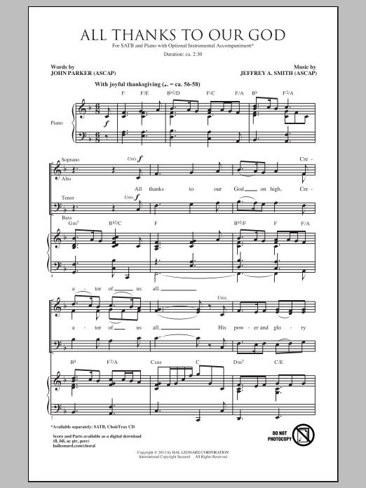 John Parker All Thanks To Our God sheet music notes and chords arranged for SATB Choir
