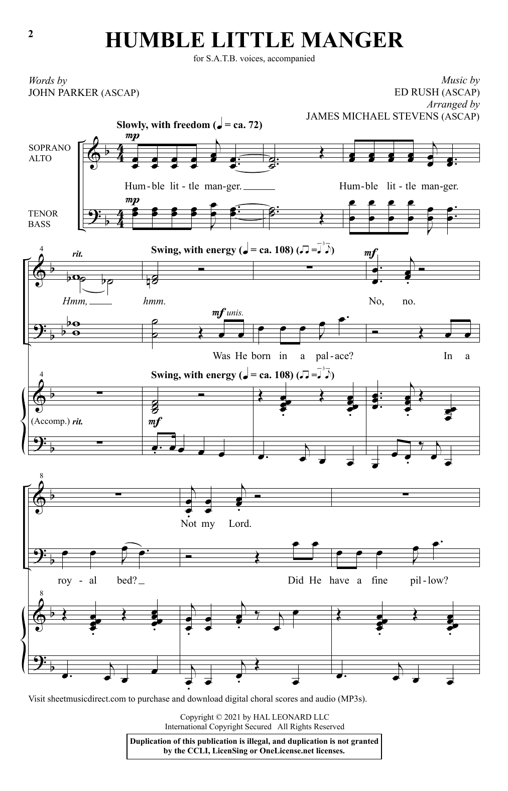 John Parker and Ed Rush Humble Little Manger (arr. James Michael Stevens) sheet music notes and chords arranged for SATB Choir