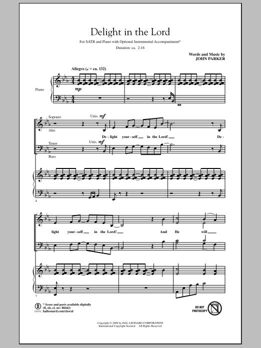 John Parker Delight In The Lord sheet music notes and chords arranged for SATB Choir