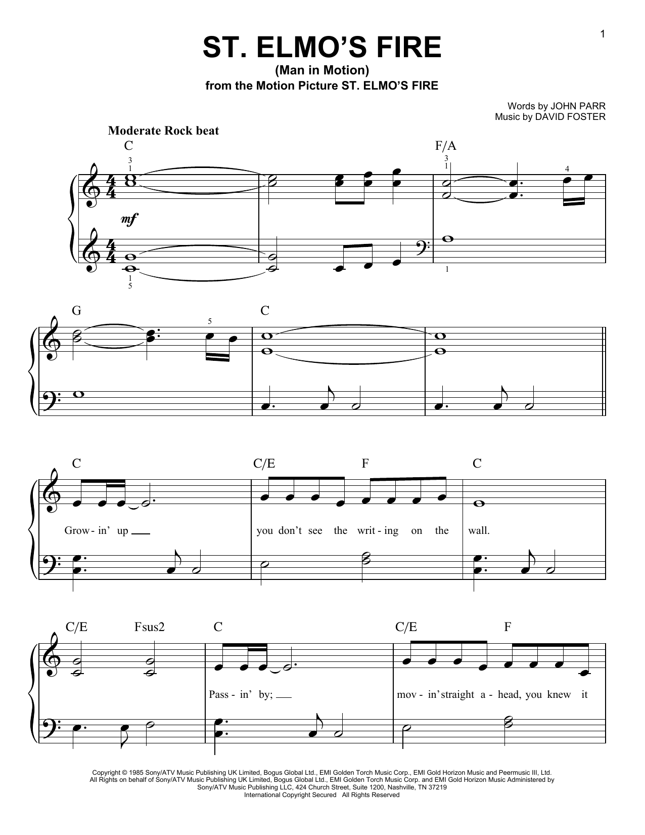 John Parr St. Elmo's Fire (Man In Motion) sheet music notes and chords arranged for Easy Piano