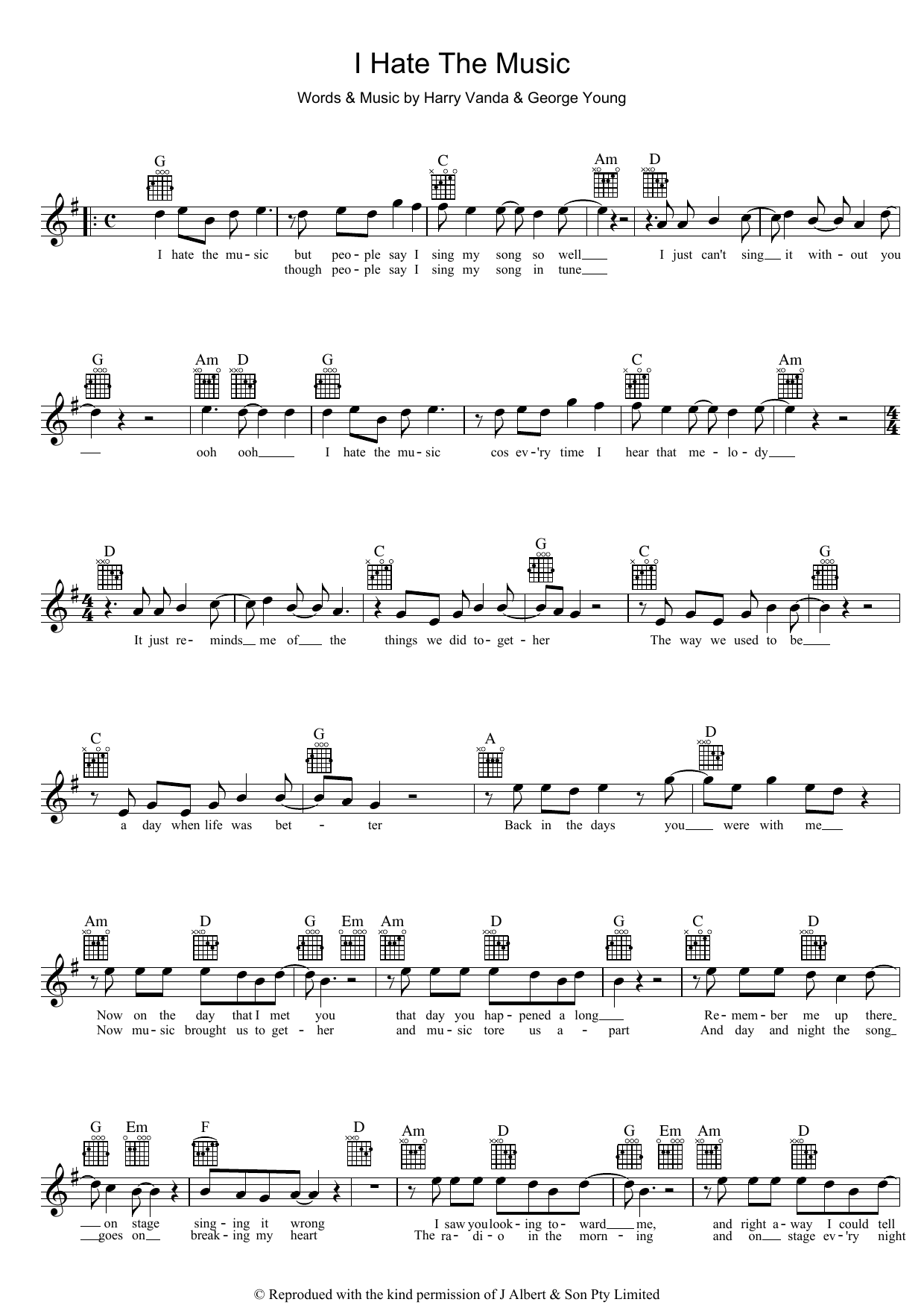 John Paul Young I Hate The Music sheet music notes and chords arranged for Piano, Vocal & Guitar Chords