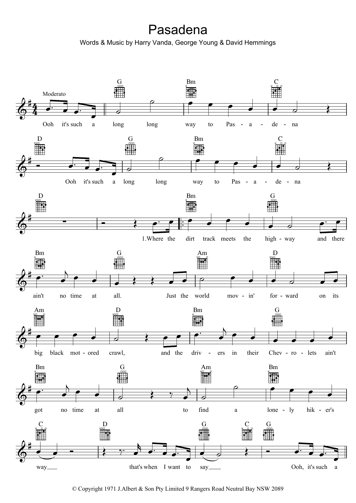 John Paul Young Pasadena sheet music notes and chords arranged for Lead Sheet / Fake Book