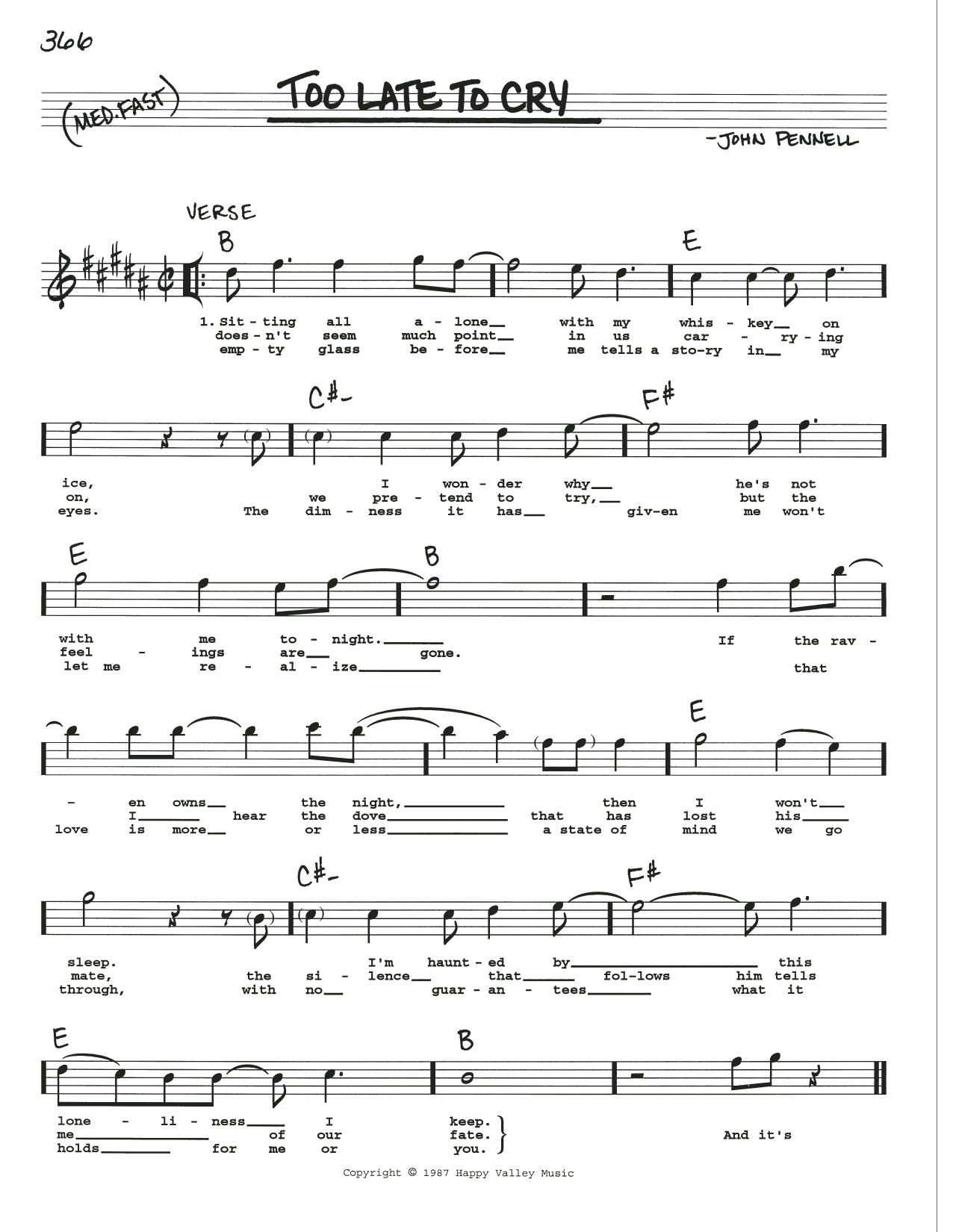 John Pennell Too Late To Cry sheet music notes and chords arranged for Real Book – Melody, Lyrics & Chords