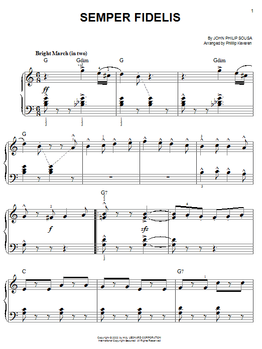 John Philip Sousa Semper Fidelis (arr. Phillip Keveren) sheet music notes and chords arranged for Piano Solo