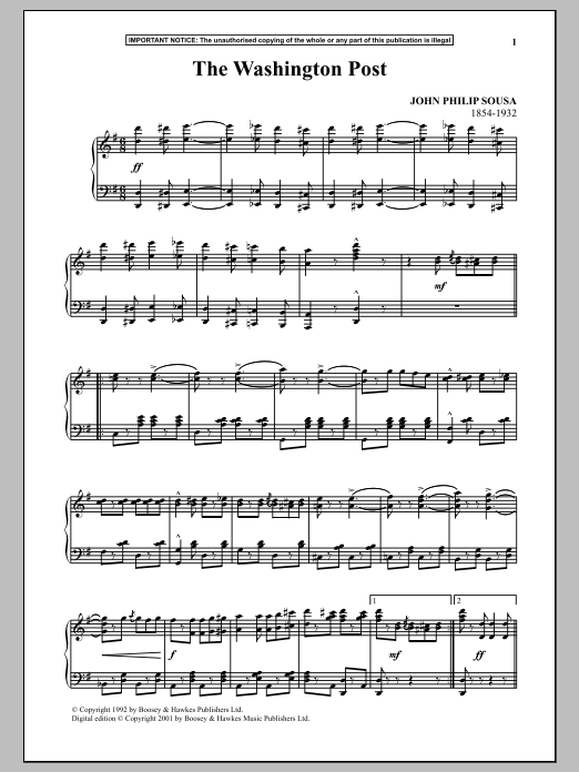 John Philip Sousa The Washington Post sheet music notes and chords arranged for Piano Solo