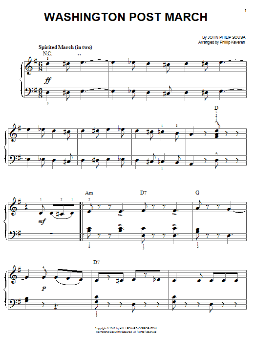 John Philip Sousa Washington Post March (arr. Phillip Keveren) sheet music notes and chords arranged for Piano Solo