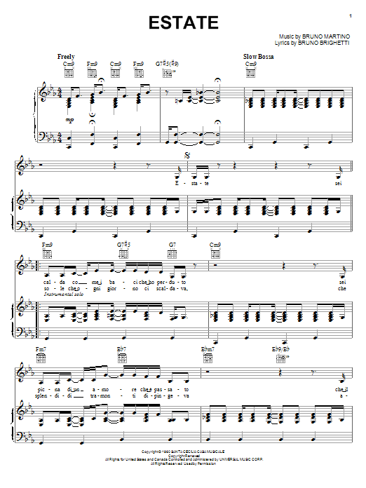John Pizzarelli Estate sheet music notes and chords arranged for Piano, Vocal & Guitar Chords (Right-Hand Melody)