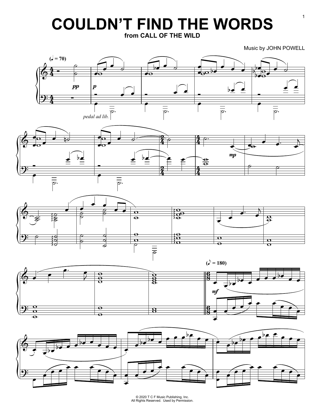 John Powell Couldn't Find The Words (from The Call Of The Wild) (arr. Batu Sener) sheet music notes and chords arranged for Piano Solo