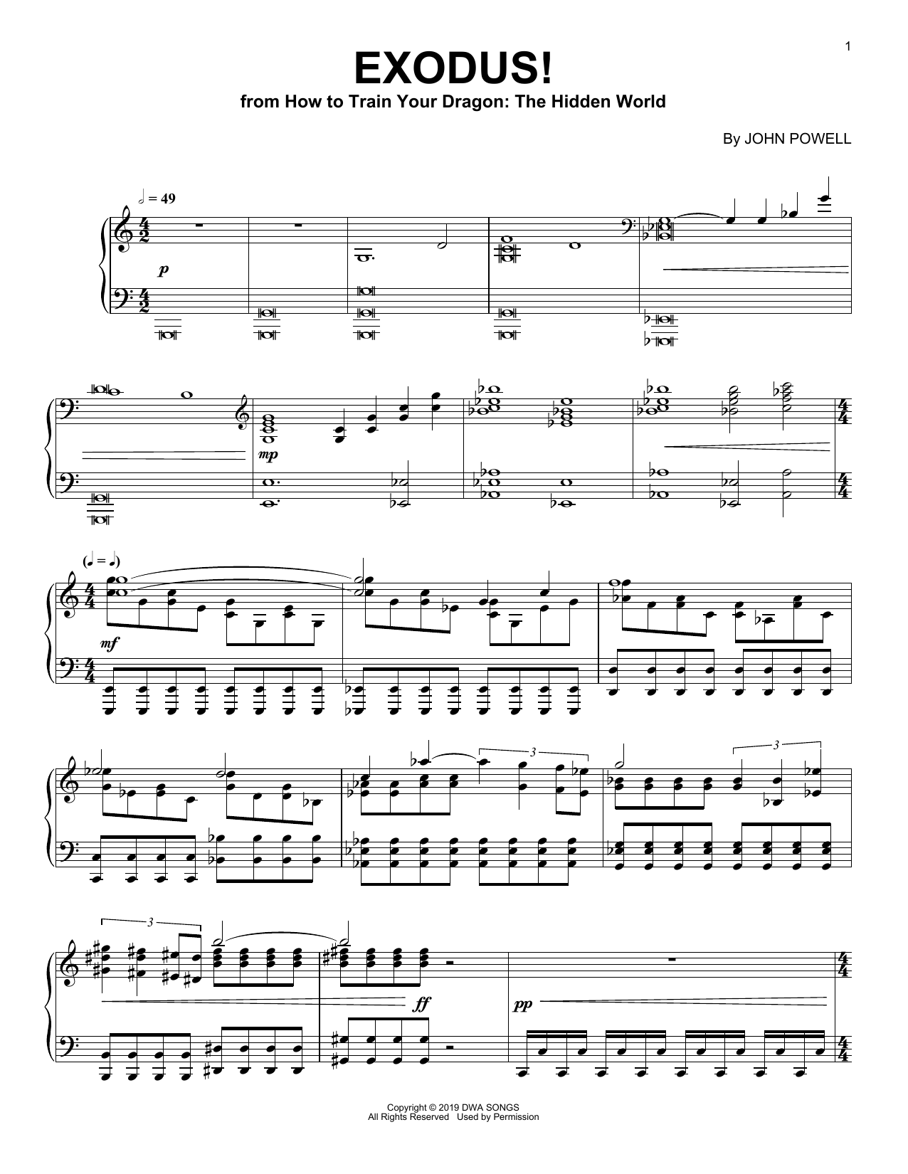 John Powell Exodus! (from How to Train Your Dragon: The Hidden World) sheet music notes and chords arranged for Piano Solo