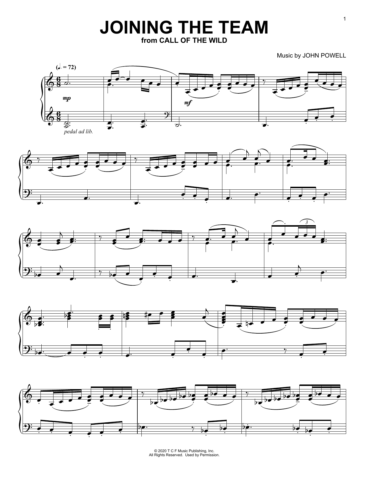 John Powell Joining The Team (from The Call Of The Wild) (arr. Batu Sener) sheet music notes and chords arranged for Piano Solo