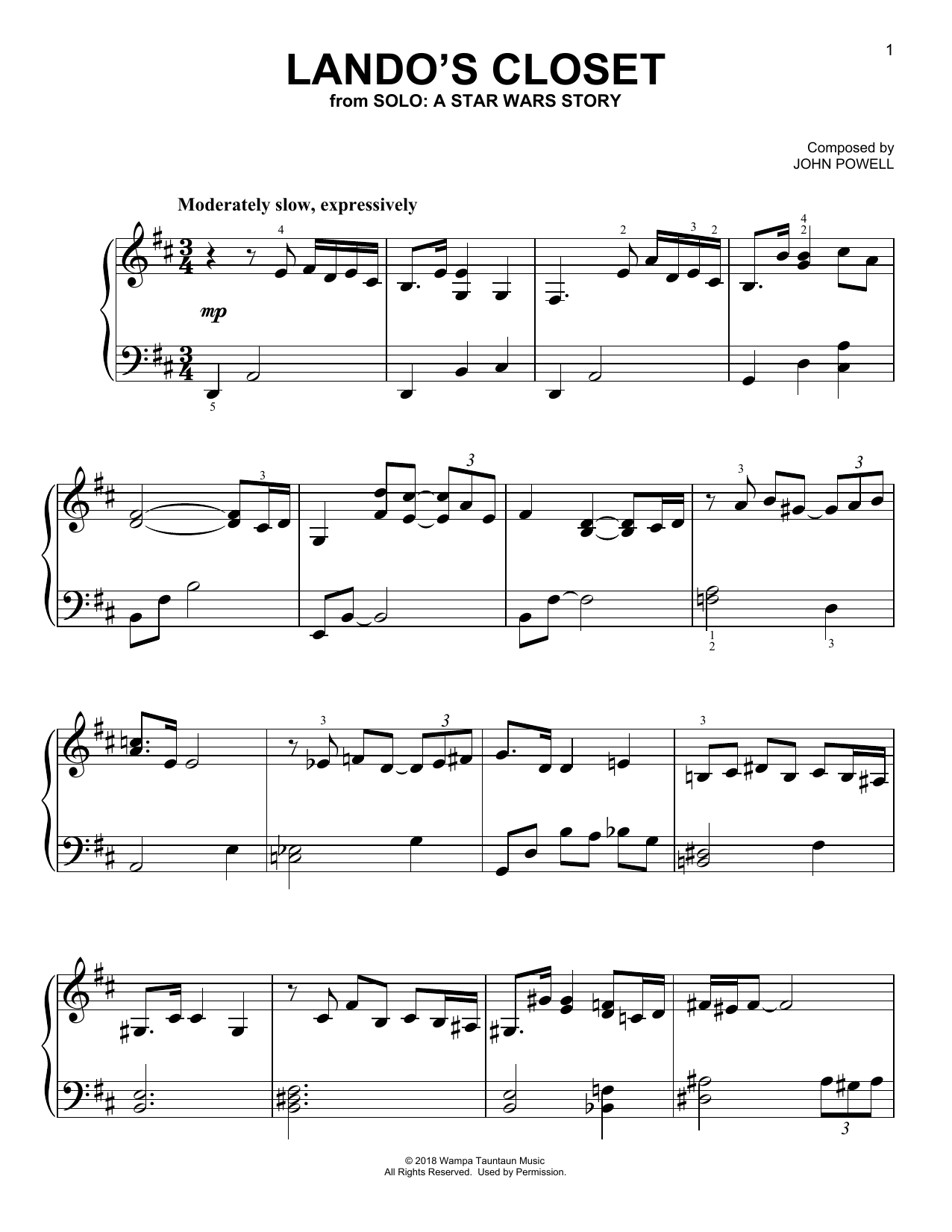 John Powell Lando's Closet (from Solo: A Star Wars Story) sheet music notes and chords arranged for Piano Solo