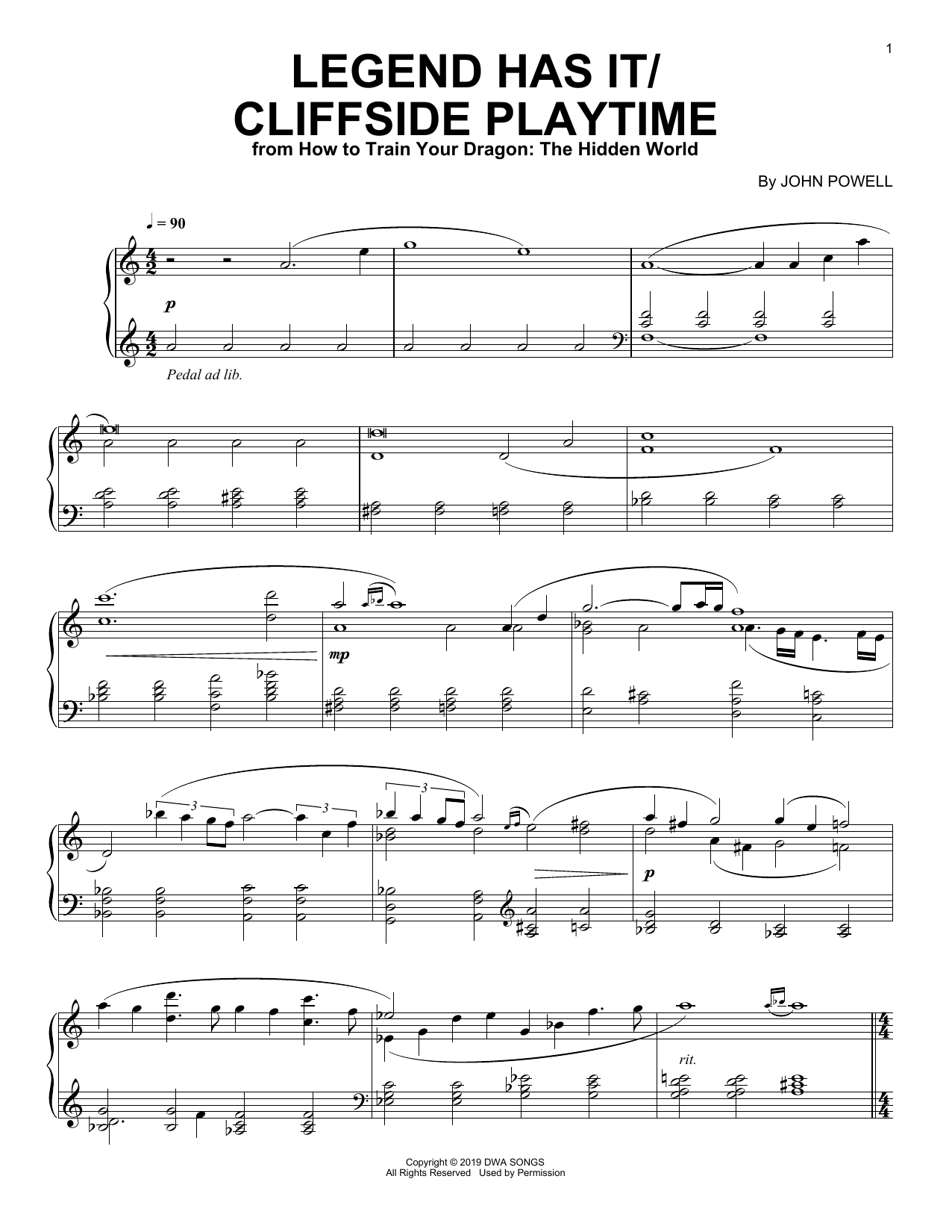 John Powell Legend Has It/Cliffside Playtime (from How to Train Your Dragon: The Hidden World) sheet music notes and chords arranged for Piano Solo