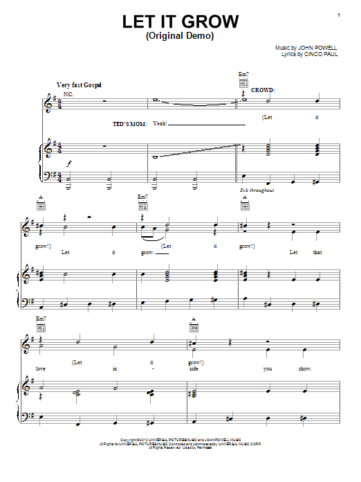 John Powell Let It Grow (Original Demo) sheet music notes and chords arranged for Piano, Vocal & Guitar Chords (Right-Hand Melody)