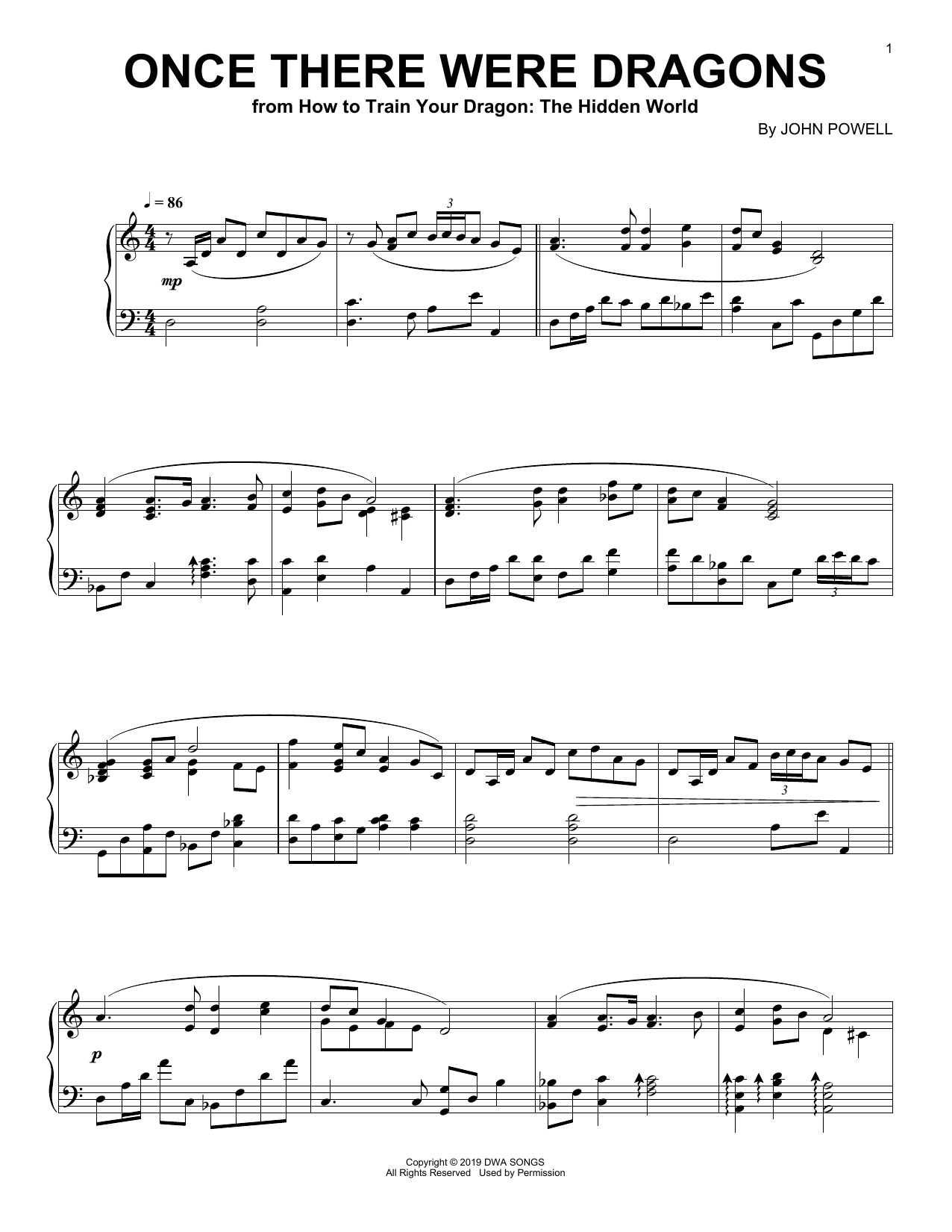 John Powell Once There Were Dragon (from How to Train Your Dragon: The Hidden World) sheet music notes and chords arranged for Piano Solo
