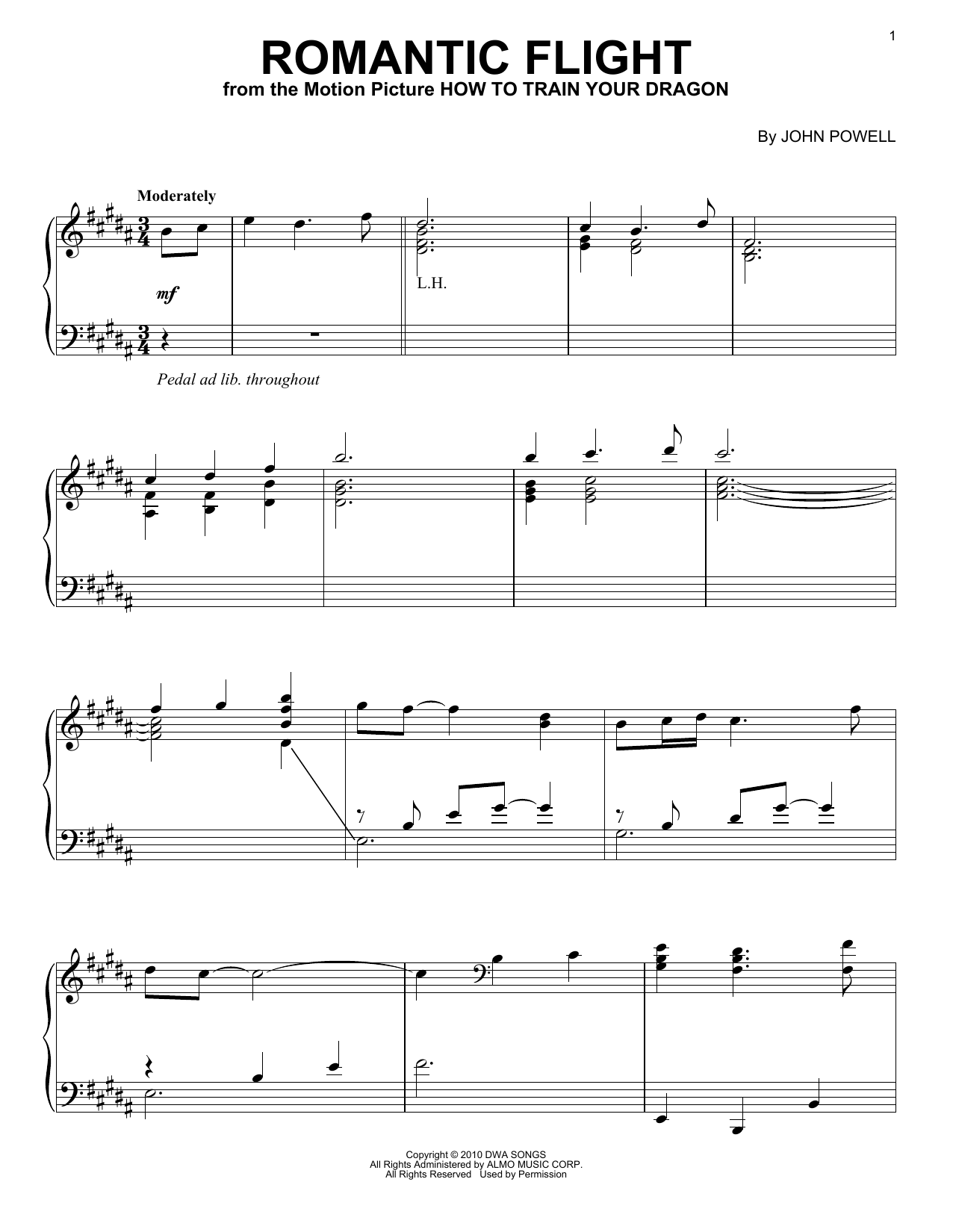 John Powell Romantic Flight (from How to Train Your Dragon) sheet music notes and chords arranged for Easy Piano