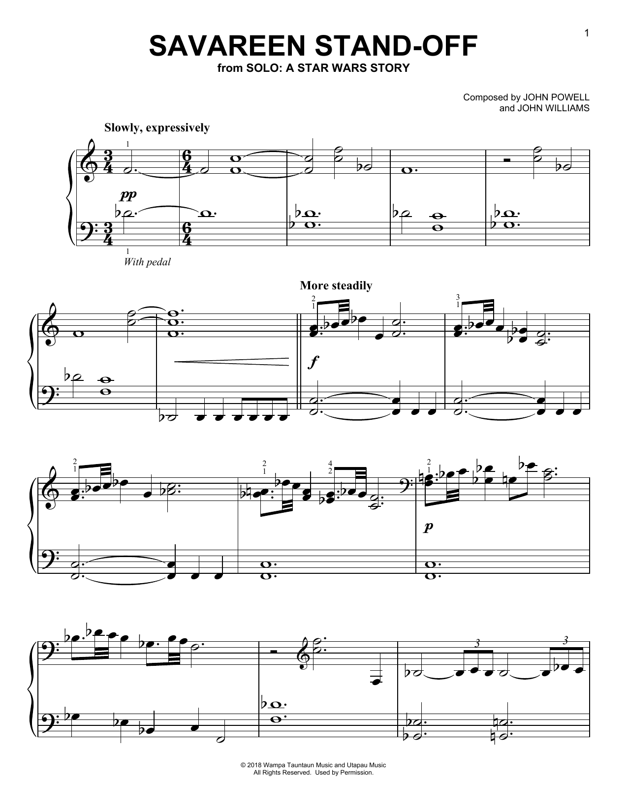 John Powell Savareen Stand-Off (from Solo: A Star Wars Story) sheet music notes and chords arranged for Piano Solo