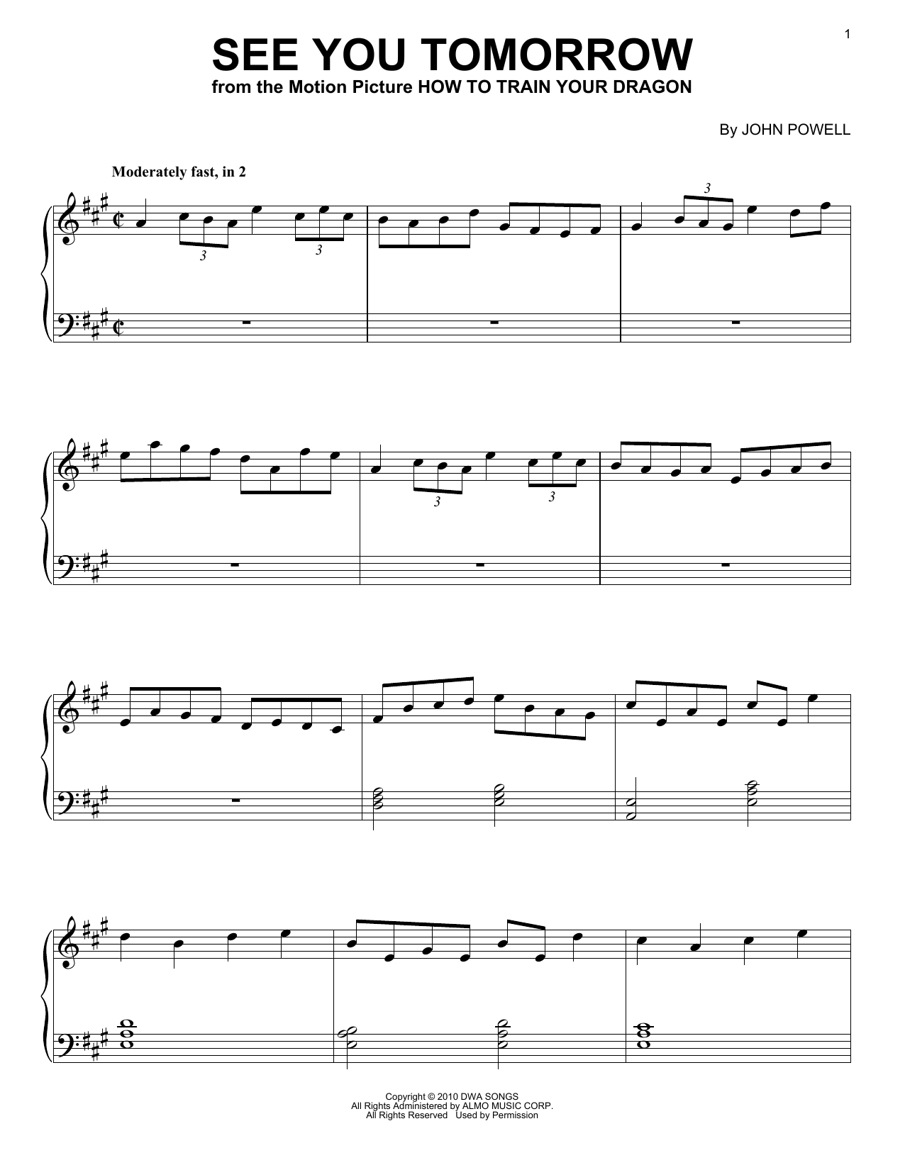John Powell See You Tomorrow (from How to Train Your Dragon) sheet music notes and chords arranged for Piano Solo