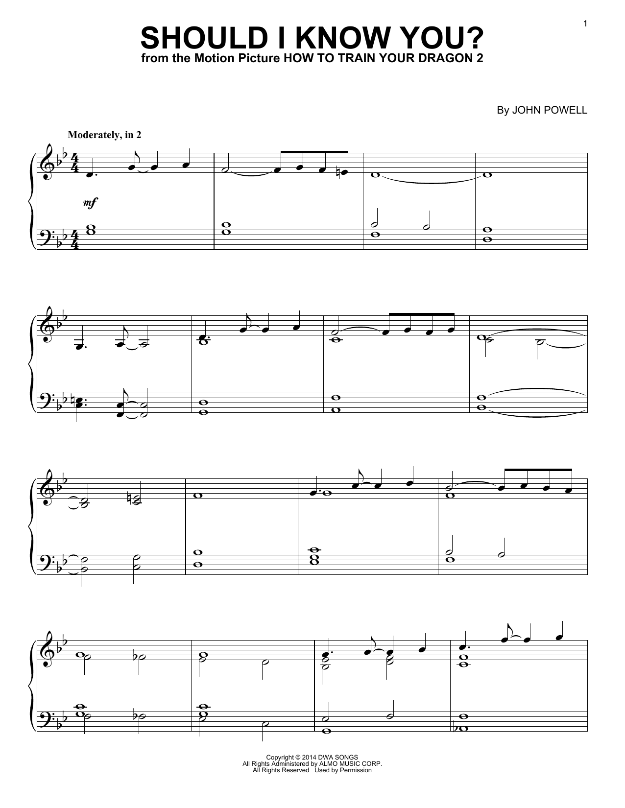 John Powell Should I Know You? (from How to Train Your Dragon) sheet music notes and chords arranged for Piano Solo
