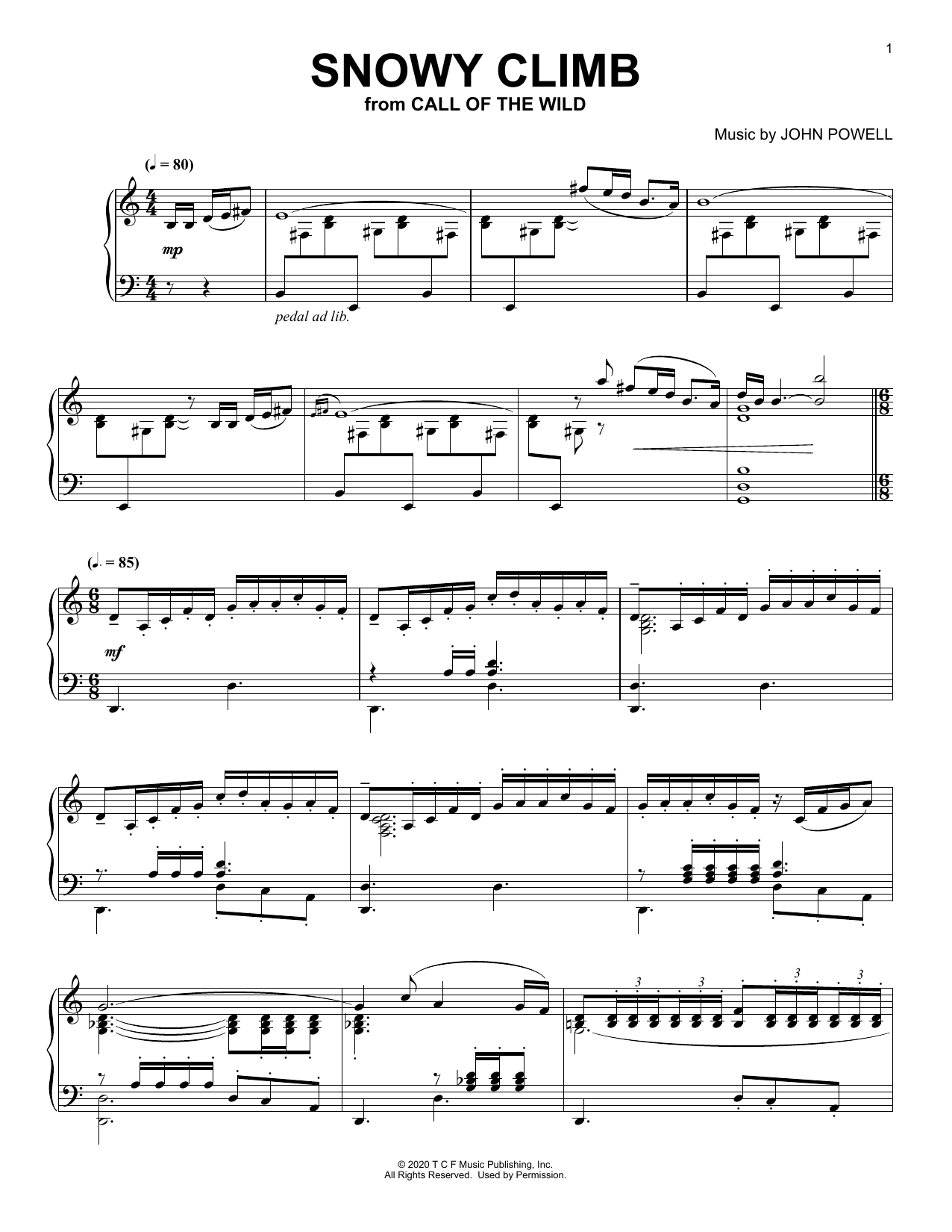 John Powell Snowy Climb (from The Call Of The Wild) (arr. Batu Sener) sheet music notes and chords arranged for Piano Solo
