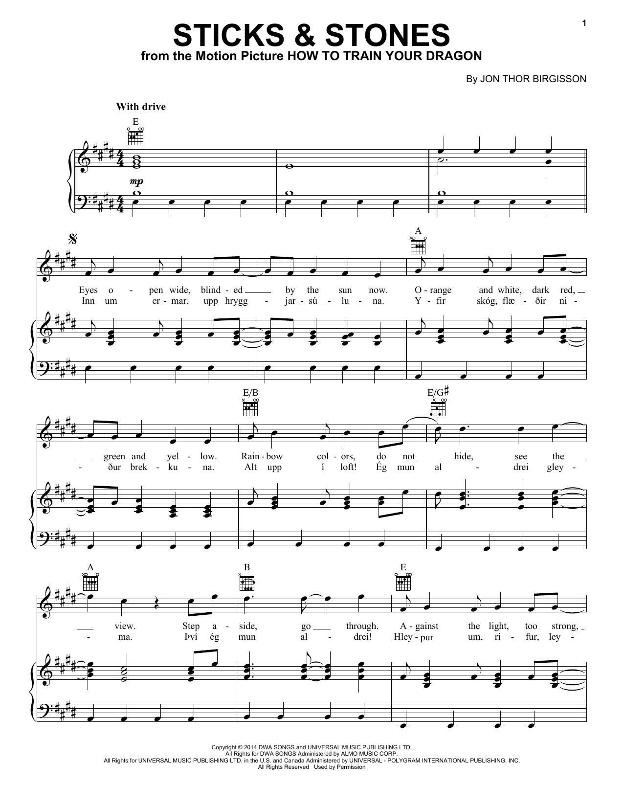 John Powell Sticks & Stones (from How to Train Your Dragon) sheet music notes and chords arranged for Piano, Vocal & Guitar Chords (Right-Hand Melody)