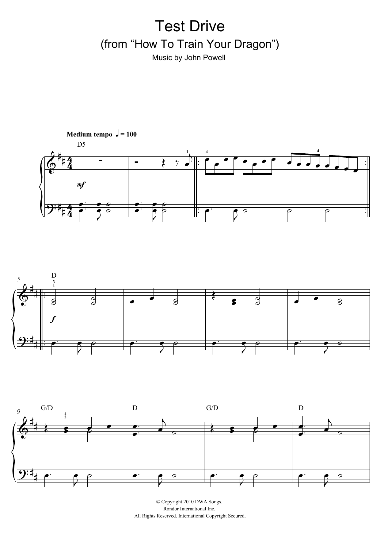 John Powell Test Drive (from How to Train Your Dragon) sheet music notes and chords arranged for Piano Solo