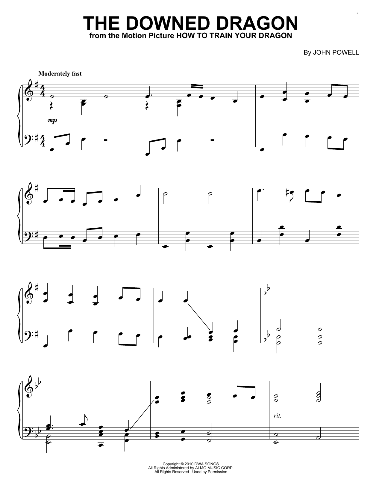 John Powell The Downed Dragon (from How to Train Your Dragon) sheet music notes and chords arranged for Piano Solo