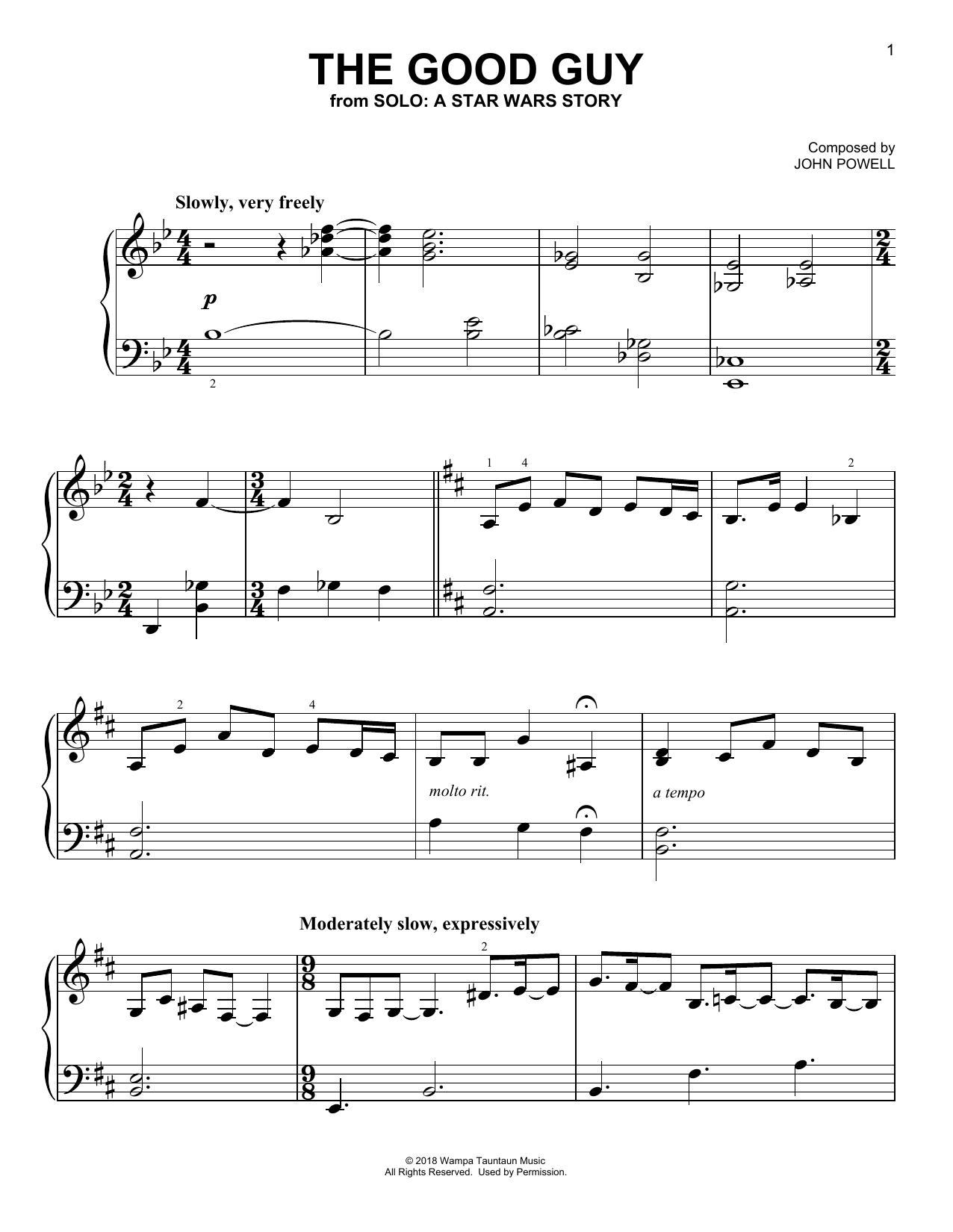 John Powell The Good Guy (from Solo: A Star Wars Story) sheet music notes and chords arranged for Piano Solo