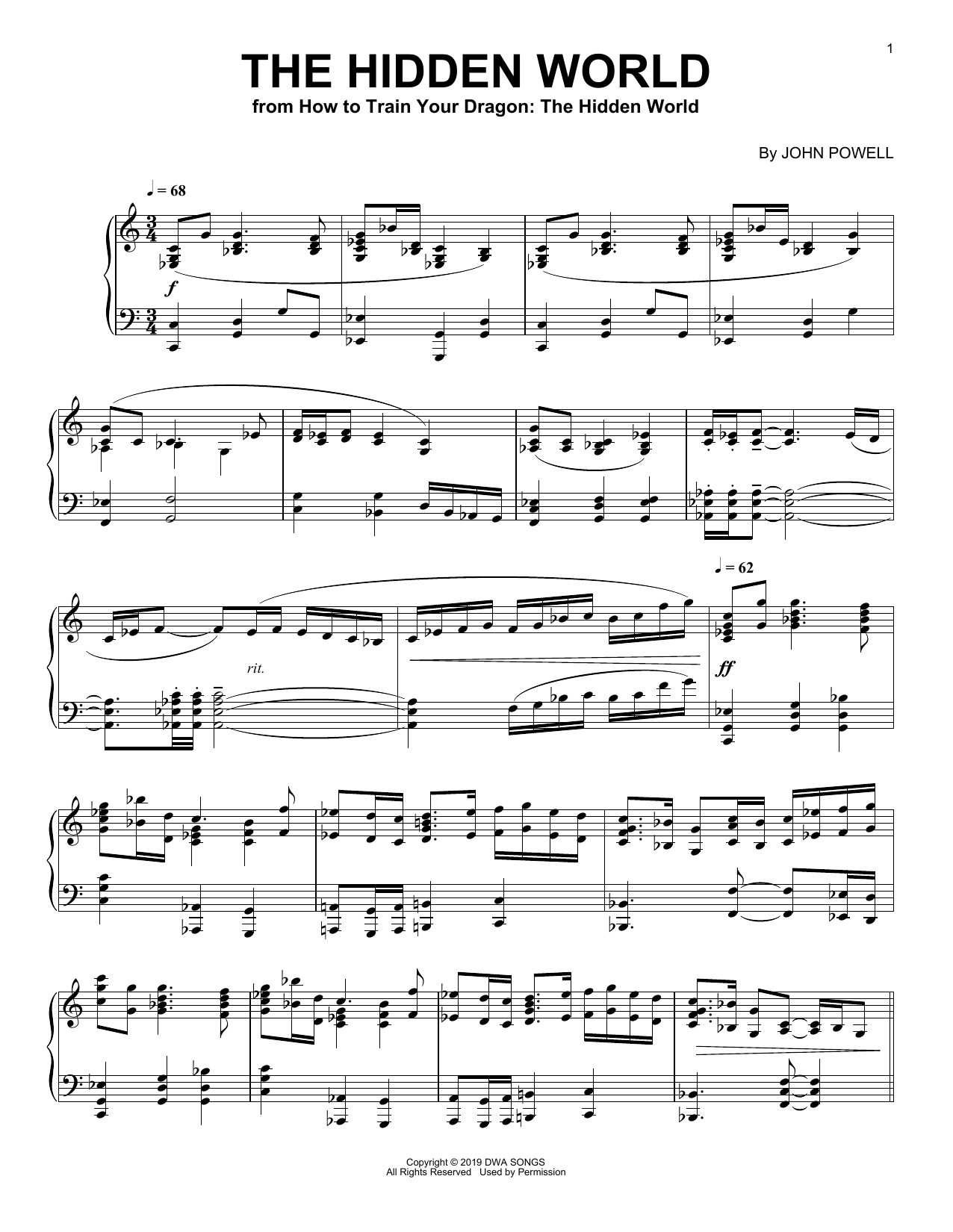 John Powell The Hidden World (from How to Train Your Dragon: The Hidden World) sheet music notes and chords arranged for Piano Solo