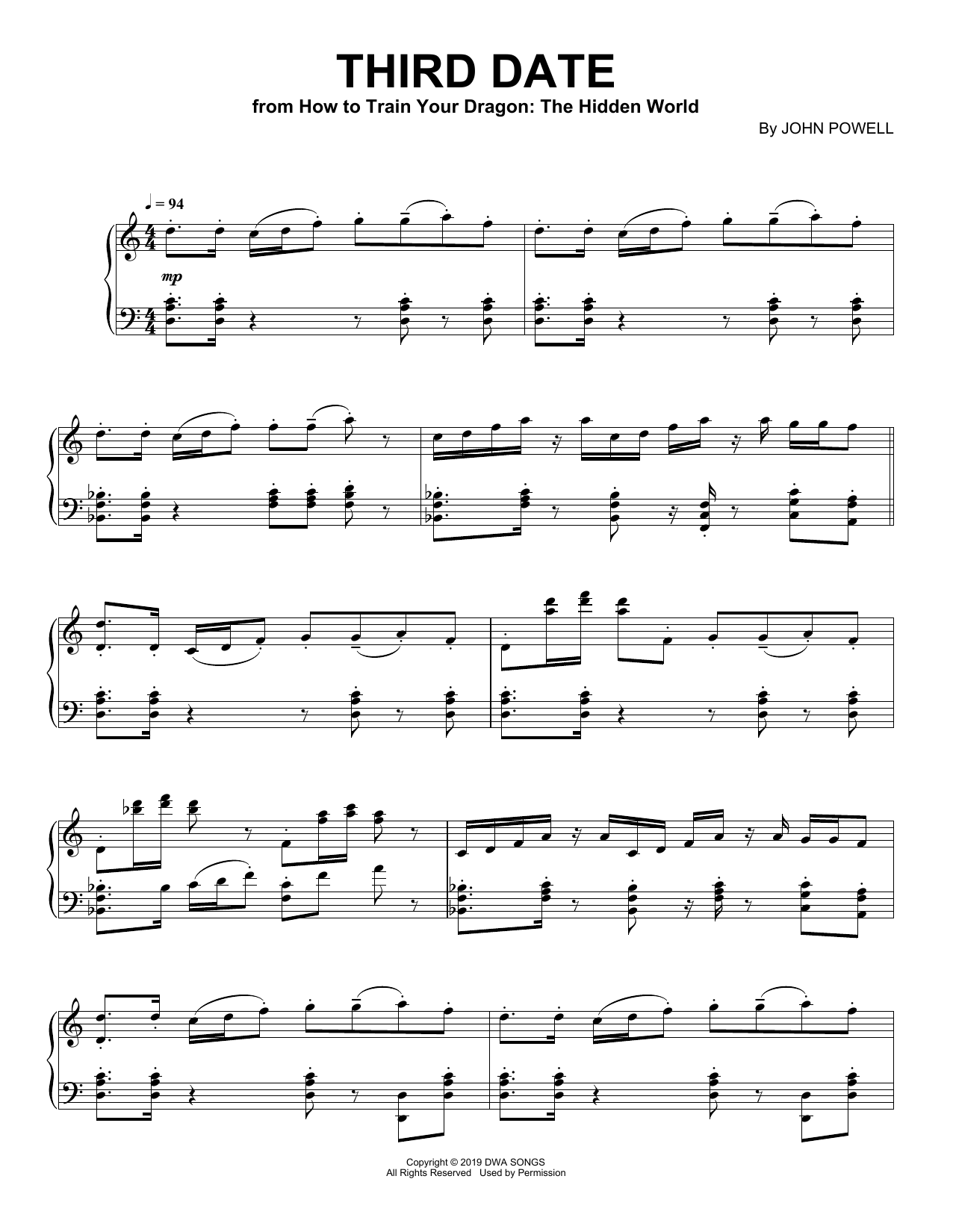 John Powell Third Date (from How to Train Your Dragon: The Hidden World) sheet music notes and chords arranged for Piano Solo