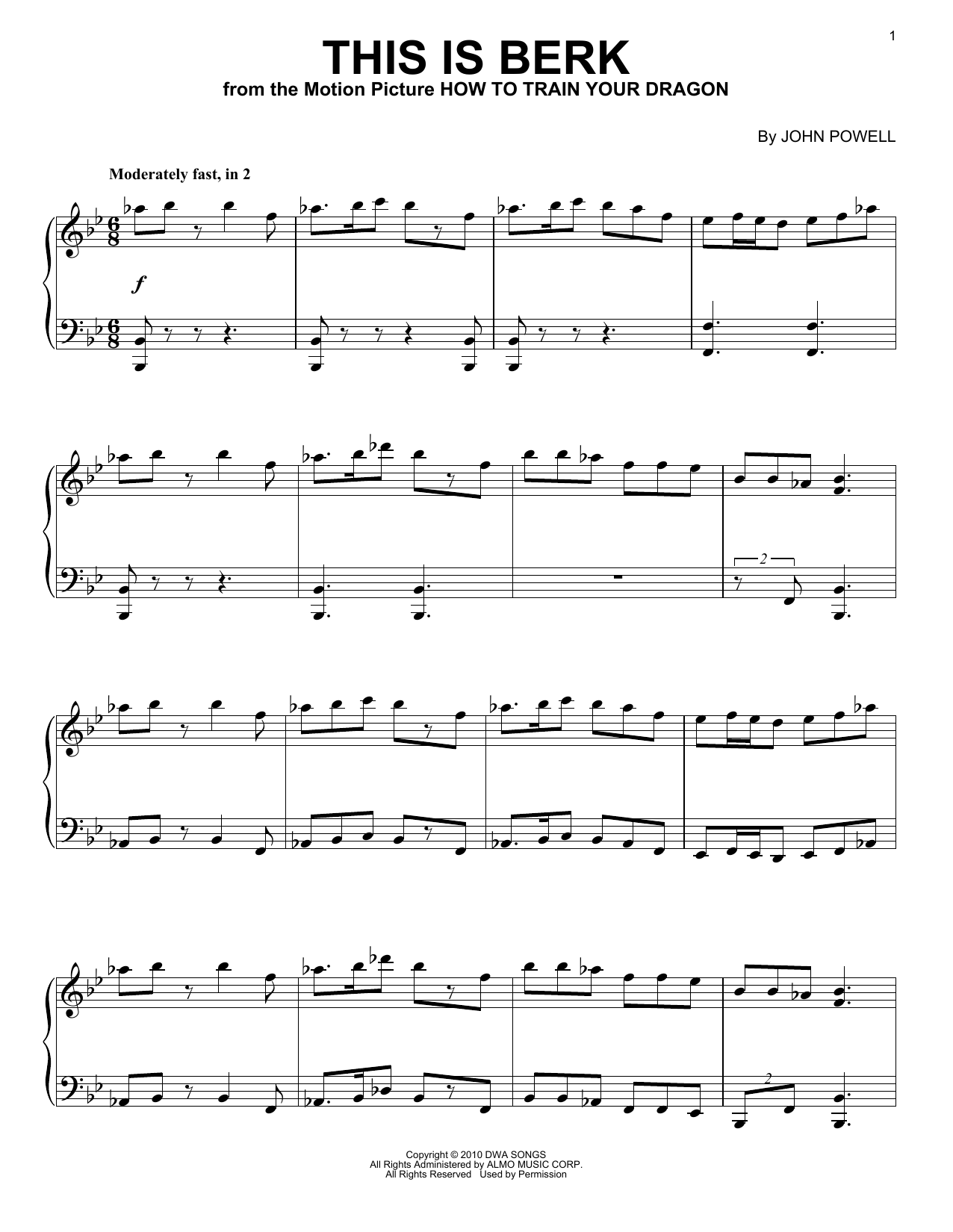 John Powell This Is Berk (from How to Train Your Dragon) sheet music notes and chords arranged for Piano Solo