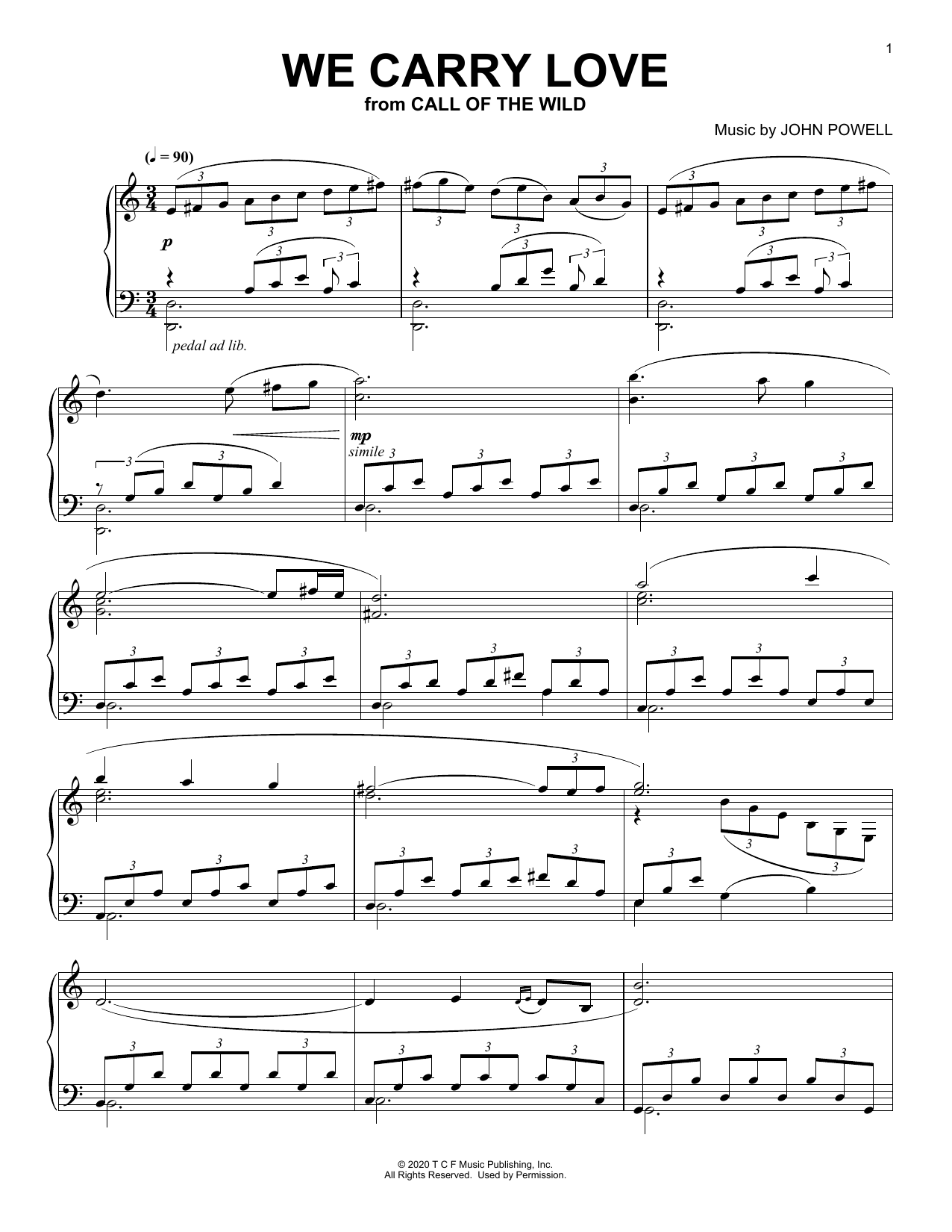 John Powell We Carry Love (from The Call Of The Wild) (arr. Batu Sener) sheet music notes and chords arranged for Piano Solo