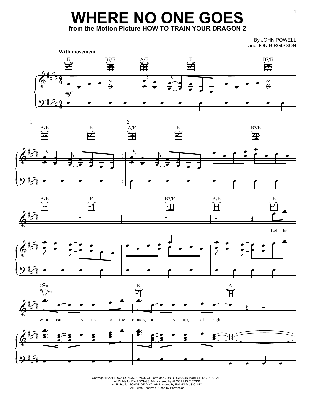 John Powell Where No One Goes (from How to Train Your Dragon 2) sheet music notes and chords arranged for Piano, Vocal & Guitar Chords (Right-Hand Melody)