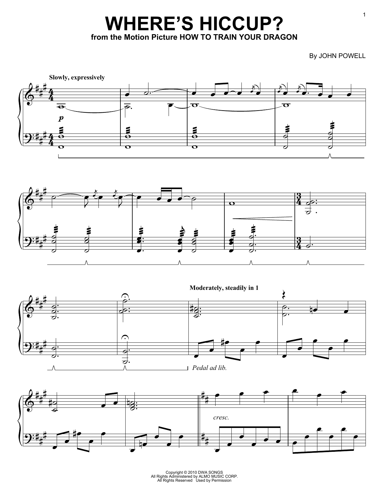 John Powell Where's Hiccup? (from How to Train Your Dragon) sheet music notes and chords arranged for Piano Solo
