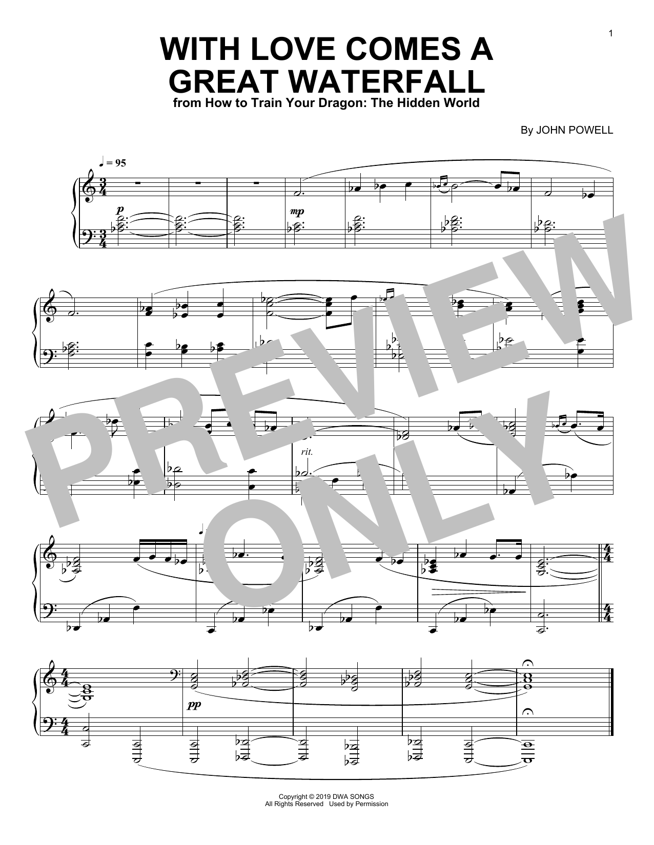 John Powell With Love Comes A Great Waterfall (from How to Train Your Dragon: The Hidden World) sheet music notes and chords arranged for Piano Solo